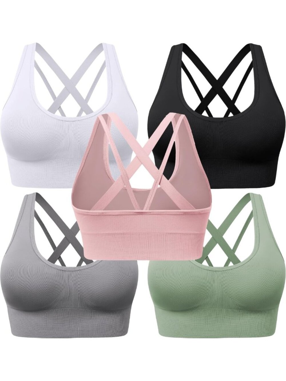 Padded Strappy Seamless Cross Back Sport Bras, Low Impact 3-5 Pack for Women